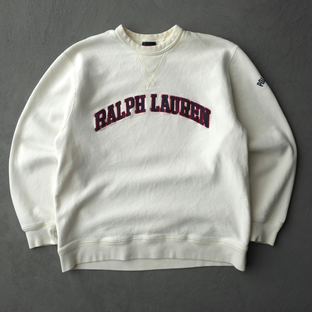Ralph Lauren Cream Crewneck Sweatshirt with Red Navy Arch Logo